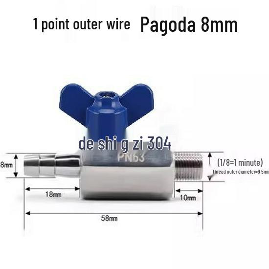 304 Stainless Steel Mini Ball Valve with Butterfly Handle, Internal/External Threads, High Pressure, 4-Way Pagoda Tube Connector.