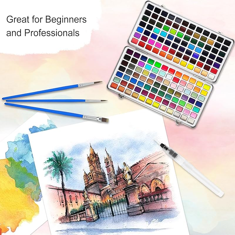 Набор твердых акварельных красок 168 цветов, набор акварельных красок, кисть-ручка с резервуаром для воды и палитрой, мобильная коробка, набор акварельных красок для путешествий