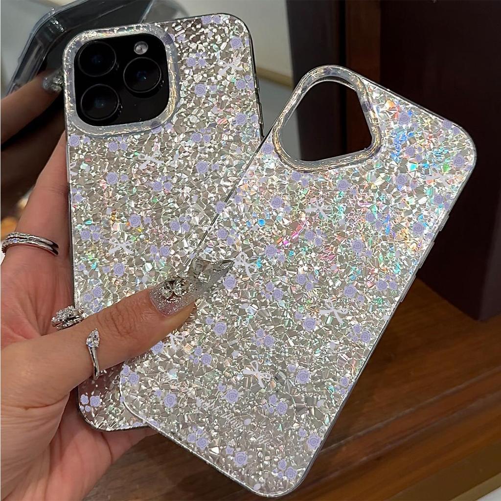 Purple Flowers Simple Background Case for iphone XS Max 16 Plus 15 17 Pro XR 13 12 Air 11 14 18 Pro Max Silver Crushed Foil Cover