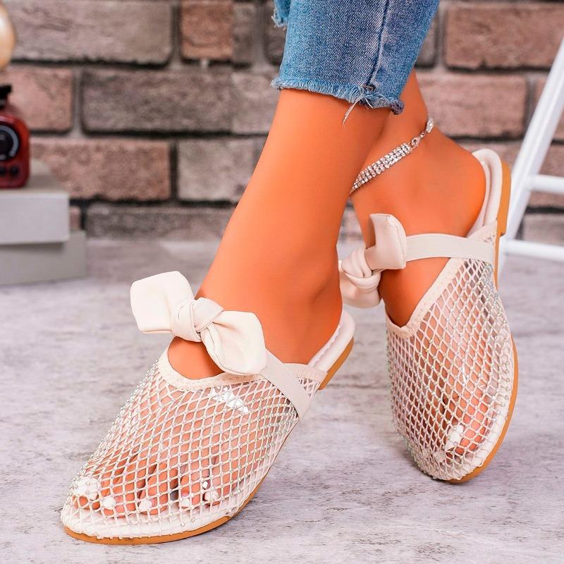 Модные женские тапочки baotou, осенние, новые, с круглой головкой, со стразами, с сеткой, полые, с бабочкой, с узлом на плоской подошве