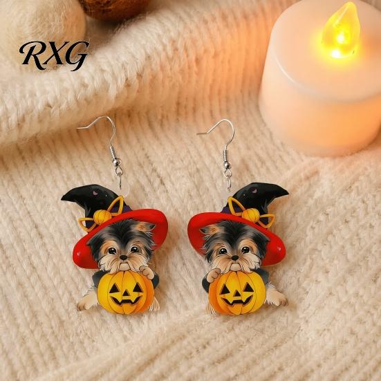 Novelty Halloween Party Earrings Witch Hat Puppy Earrings, Cute Dog Pumpkin Drop Rust-proof Curved Ear Hooks Lightweight Acrylic Jewelry, Accessories