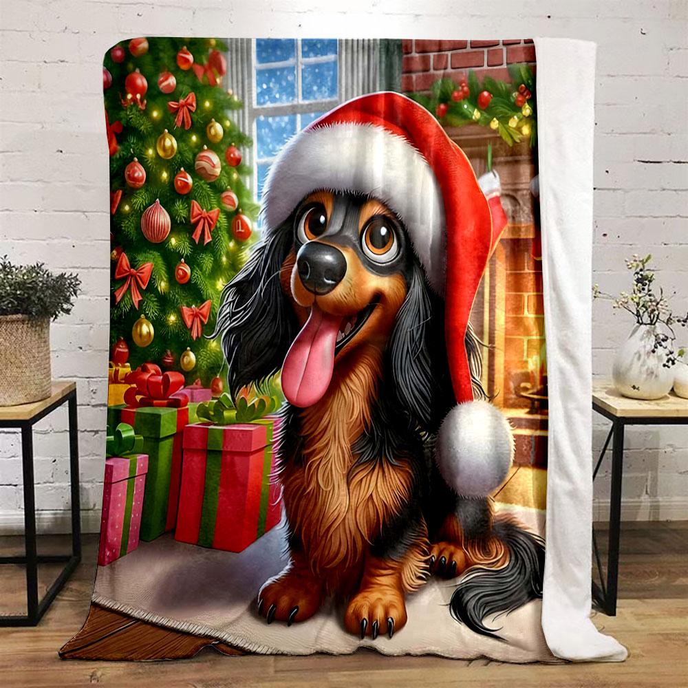 Dachshund in Santa Hat by Fireplace print blanket soft and cozy perfect for the living room bed sofa or a nap,gift