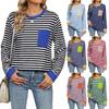 Casual Loose Striped Pullover T-shirt for Women 2025 Autumn and Winter New Fashion Color Block Pocket Long-sleeved Top for Women