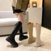Elastic High-Cut Boots Women's Spring Autumn Round Toe Thick Heel Knight Style Knee-High Boots Comfortable Breathable Leather