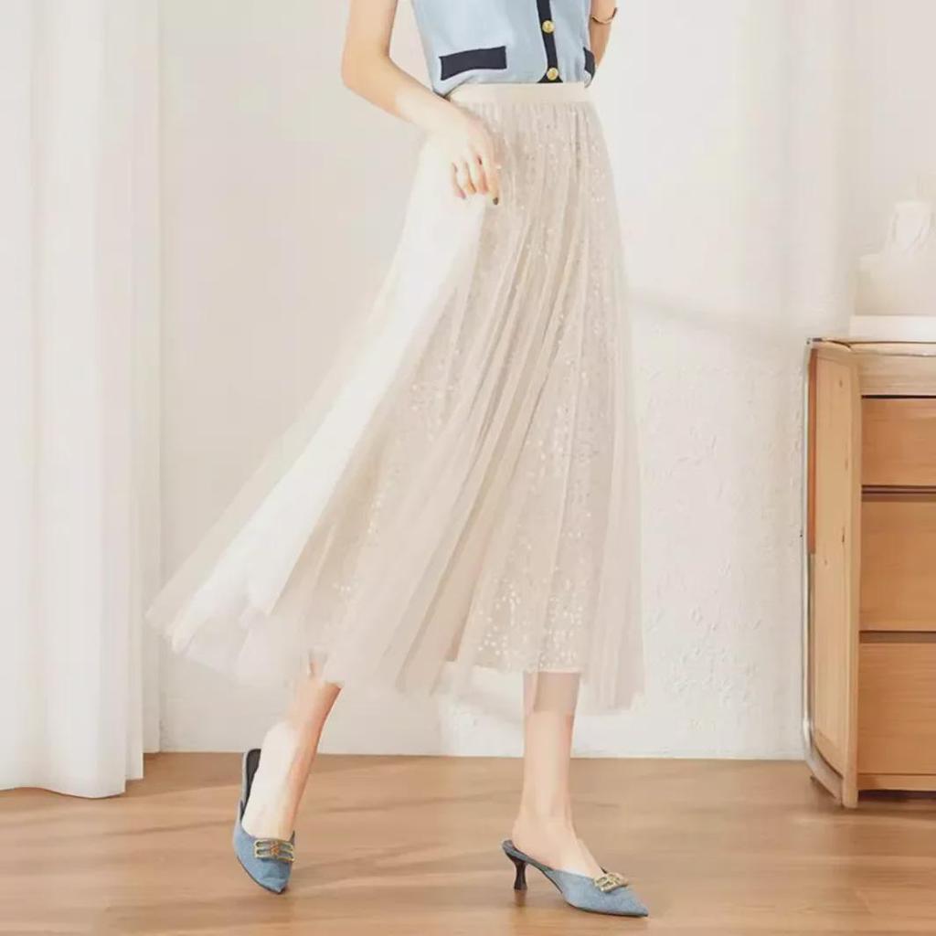 Trendy High-Waisted Sequin Mesh Midi Skirt for Spring/Summer