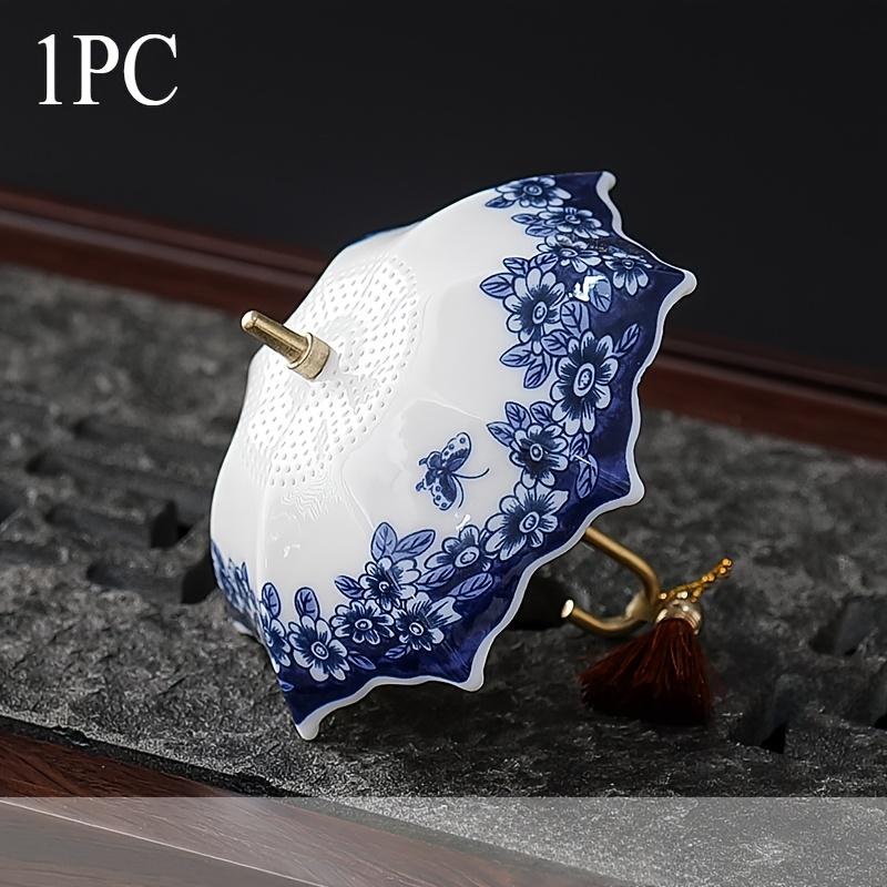 Elegant Blue and White Floral Ceramic Tea Strainer with Tassel - Decorative Umbrella-Shaped Tea Leaf Filter