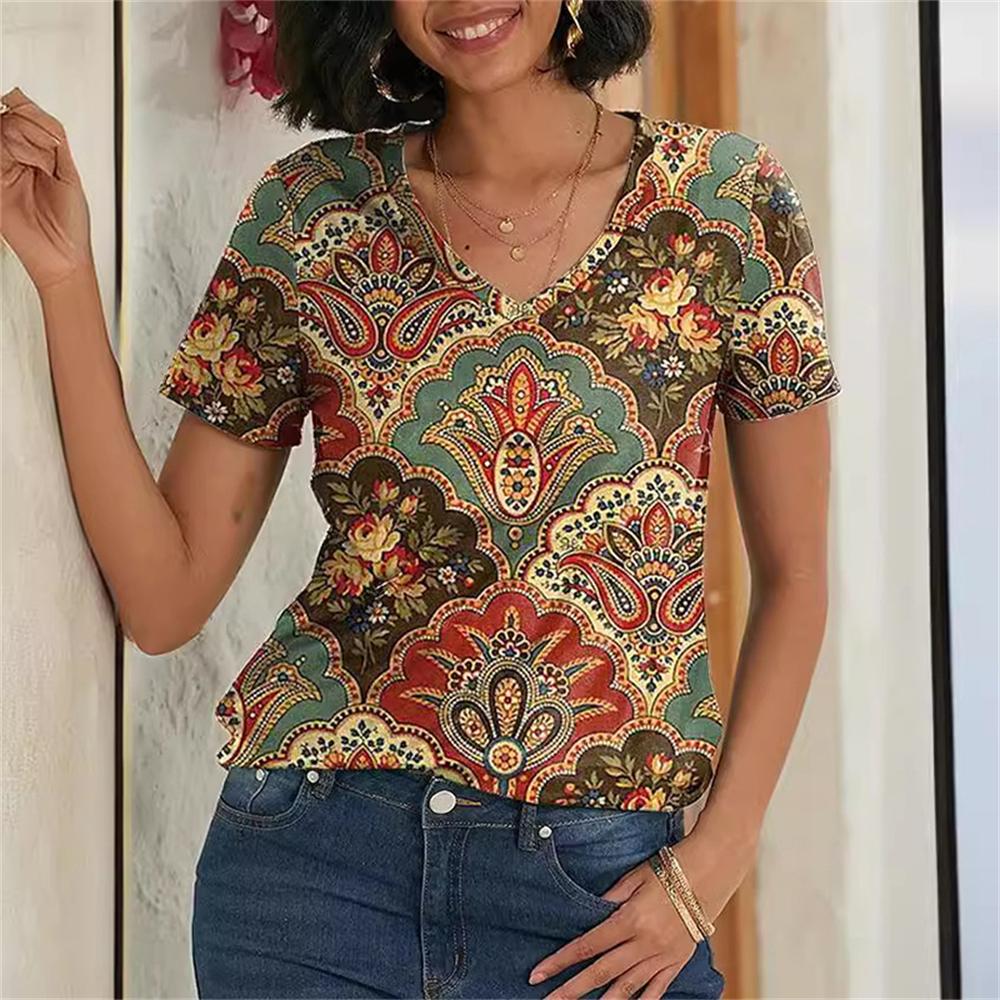 Футболки в этническом стиле с цветочным принтом 3D, женские футболки с V-образным вырезом и коротким рукавом, уличная одежда, топ Y2k, футболка Harajuku большого размера, женская одежда