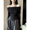 Autumn Winter One Word Collar Slit Irregular Sweater Women Long Sleeve Off the Shoulder Knitting Bottomed  Top