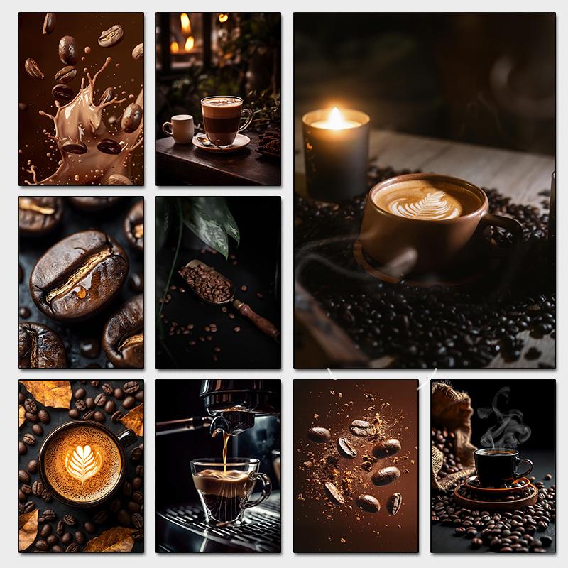 Плакаты с фотографиями кофейной чашки и зерен, Вкусный кофе, Латте, Принты для завтрака, Холст, Живопись, Настенное искусство, Картина, Декор для дома, комнаты