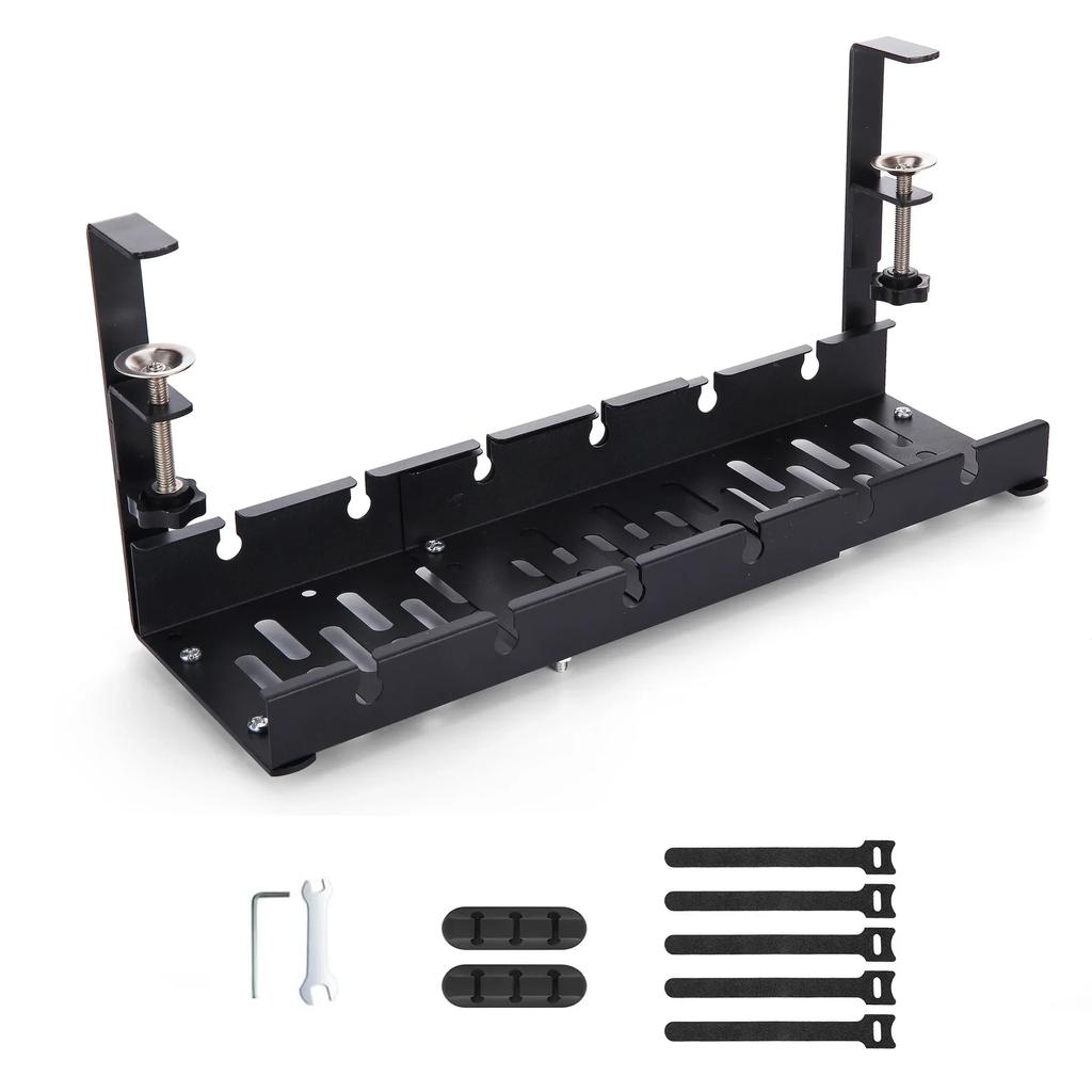 No Drilling Extendable Under Desk Cable Management Metal Cable Tray Under Desk with Clamp Retractable Power Strip Cord Holder