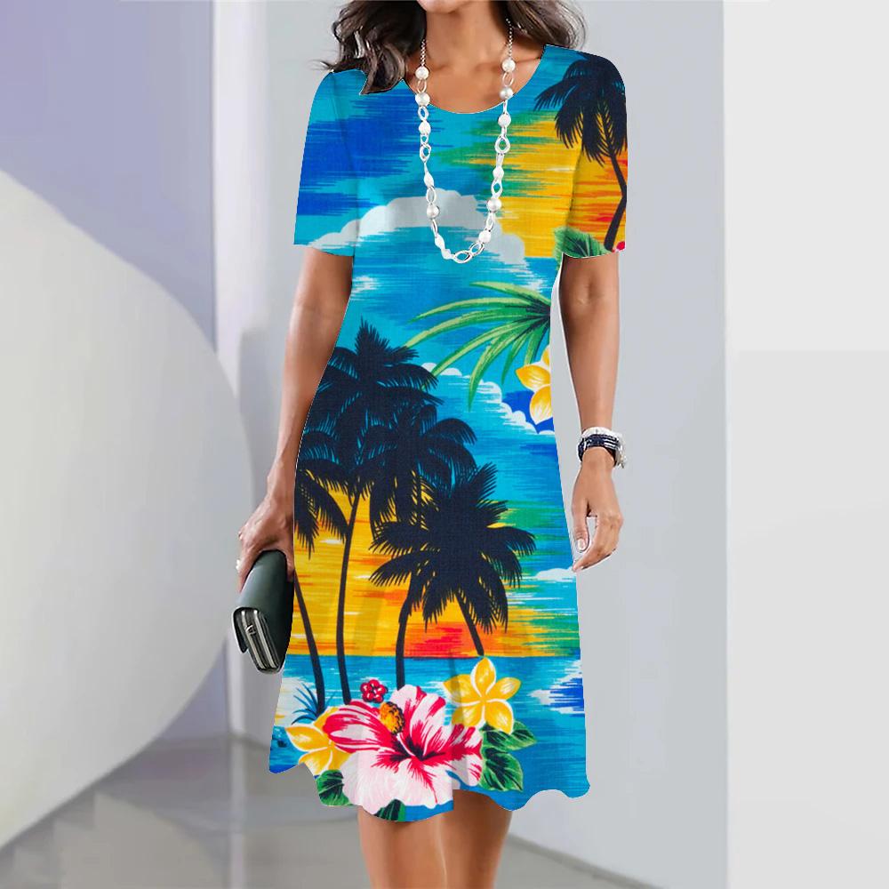 Holiday Leisure Short-sleeved Floral Printed Hawaiian Fashion Loose Swing Skirt Party Women's Sexy Bohemian Dress