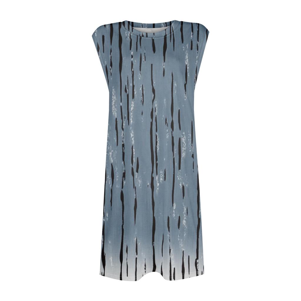 Женское повседневное и модное платье средней длины с круглым вырезом и без рукавов с принтом