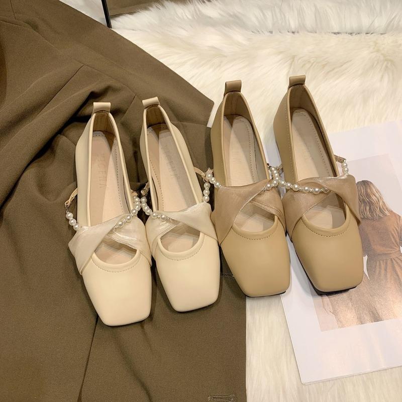 Spring New Mary Jane Shoes Square Head Shallow Mouth Lace Beaded Line with Single Shoe Flat Women's Shoes