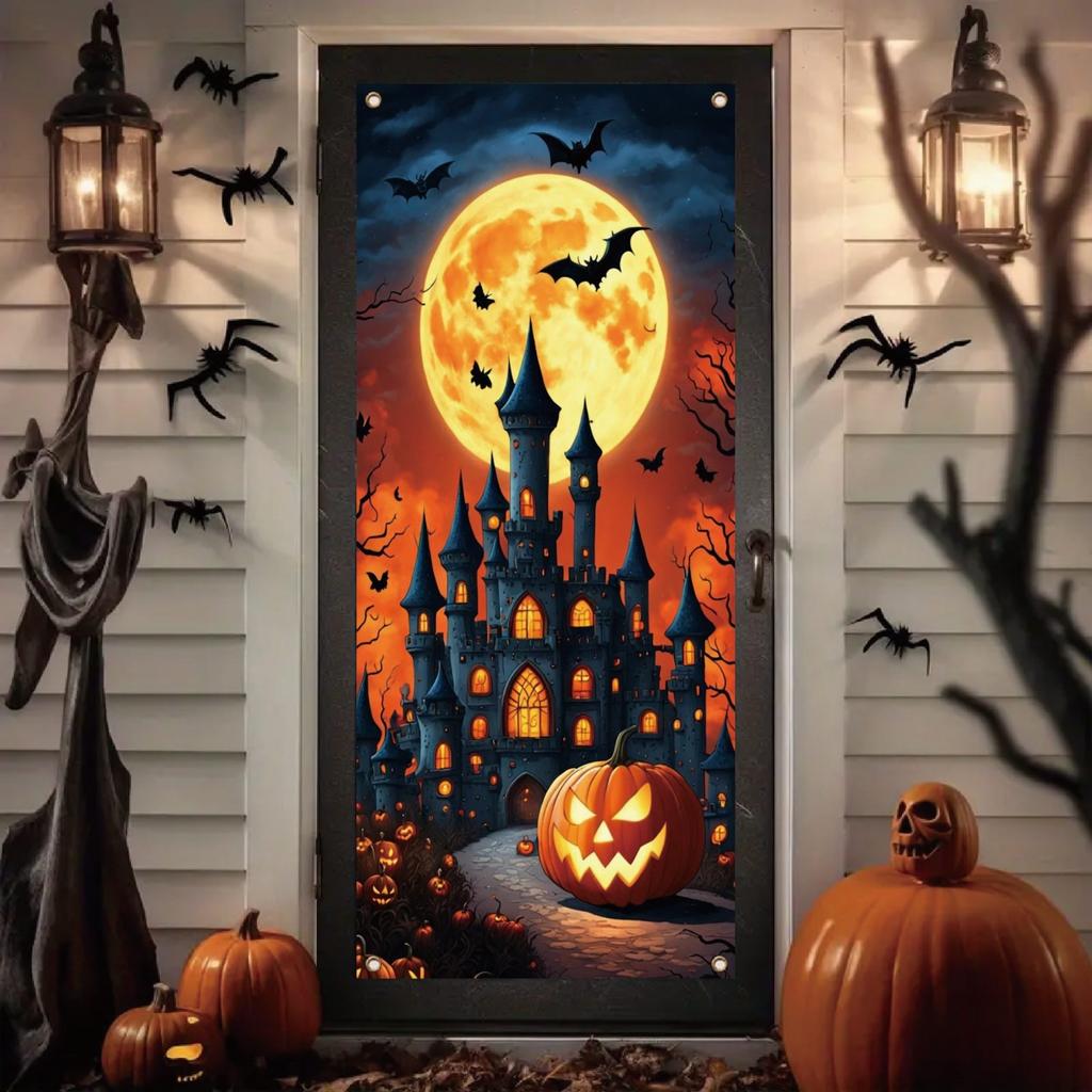 1 piece Halloween door banner decoration full month pumpkin lantern bat castle background