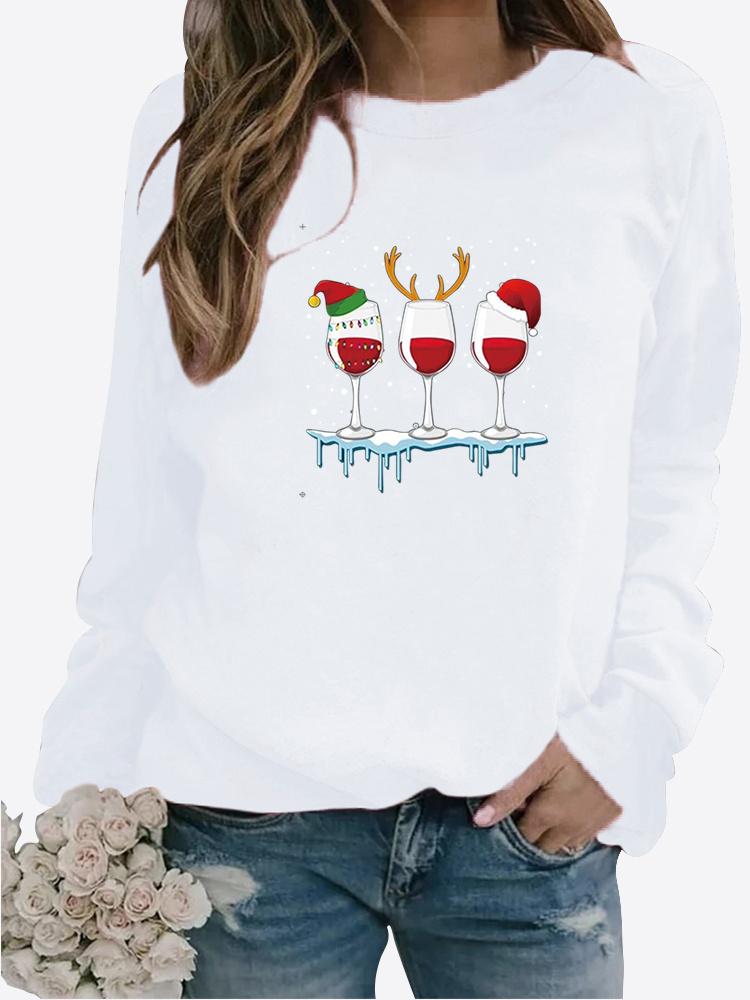 Women Autumn and Winter Clothing Christmas Deer Printed Casual Sweatshirt Long Sleeve Tops T-shirt Ladies Round Neck Pullover Blouse
