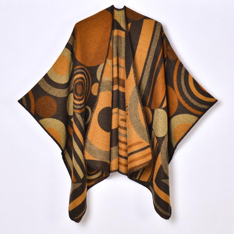 New Geometric Abstract Line Stitching Women's Autumn and Winter Warm Split Shawl Cape with Decorative Scarf