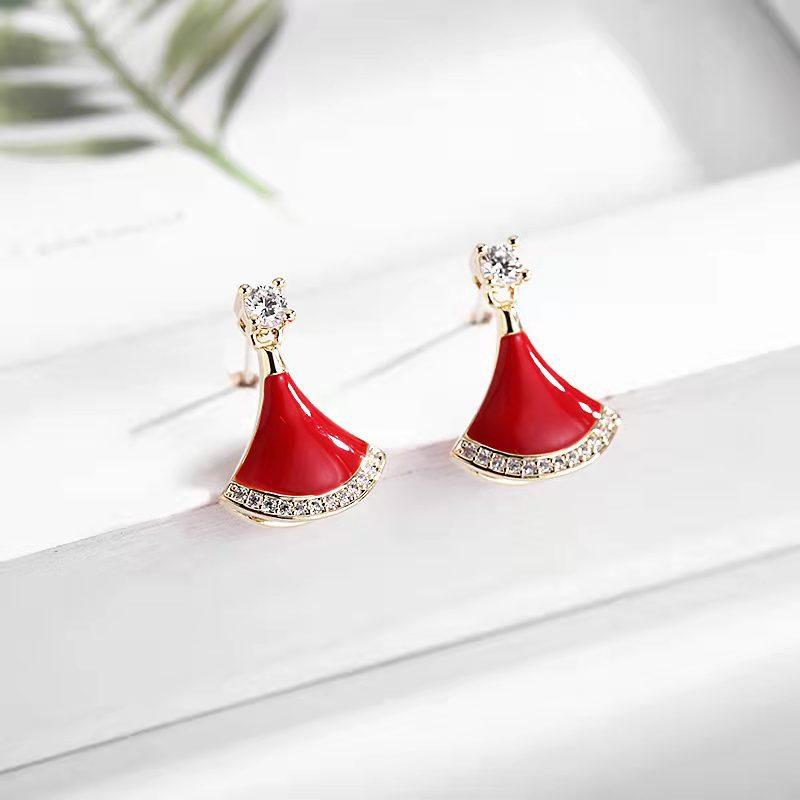 Классические красные серьги Small Fan, благоприятные и радостные новогодние серьги, микронабор с капельной глазурью, серебряная игла S925, серьги Primordial Year