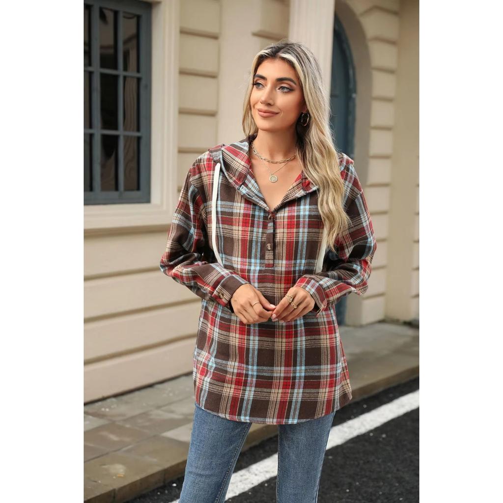 Women Loose Long Sleeve Hooded Button Plaid Pullover Sweatshirt
