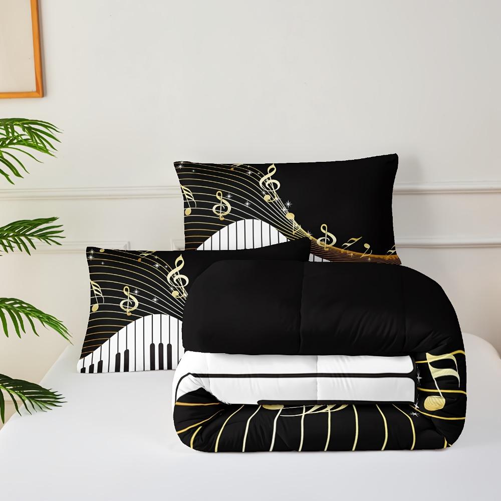 3pcs Black Bedding Set Piano Keys Music Note Print Cozy Duvet Cover King Queen Twin Size Birthday Gift for Adult Bedroom Decor