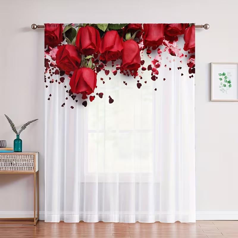 2 шт. Красная роза сердце лепесток прозрачные шторы романтический принт на День святого Валентина светофильтрующие драпировки милый домашний декор для спальни гостиной