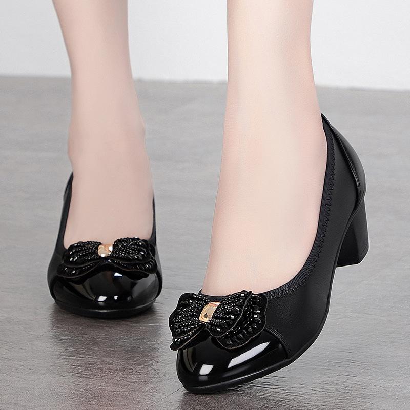 High Quality Thick Heeled Single Shoes Women's 2025 New High Heeled Shallow Mouth Comfortable Genuine Leather Office Women Shoes