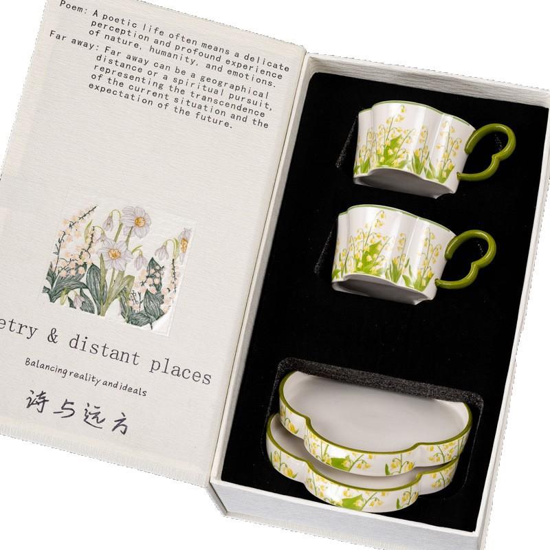 Ретро Масляная Живопись Ландыш Цветущая Кофейная Чашка и Блюдце Набор Керамическая Кофейная Чашка Подарочная Коробка Стильный Сувенир