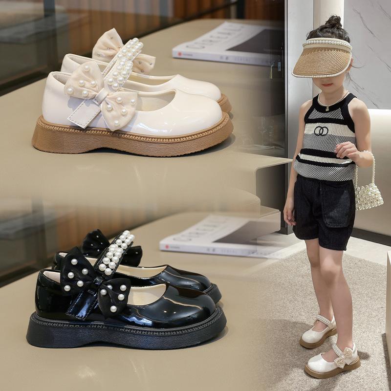 Модные туфли из кожи для девочек с жемчугом Туфли Мэри Джейн для детей среднего и большого возраста Туфли принцессы с бантом