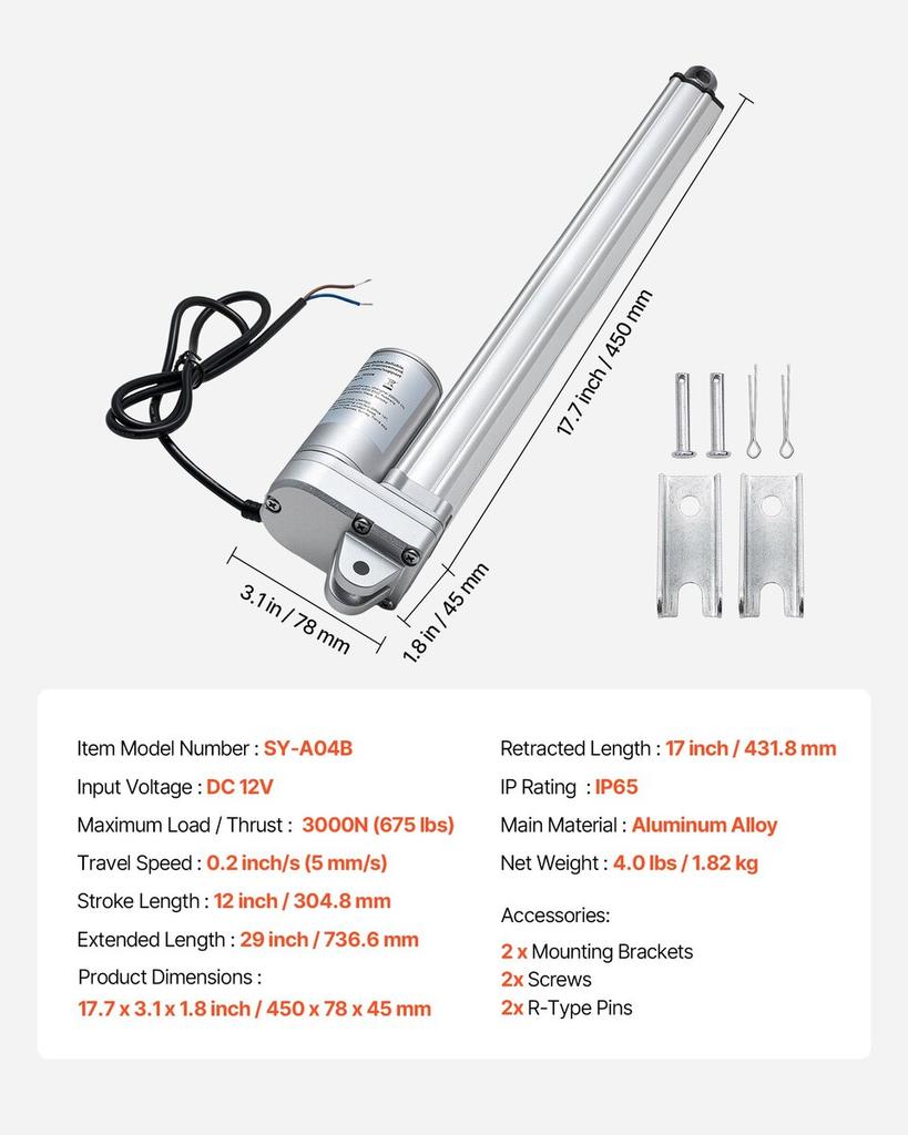 12V Linear Actuator, 304.8mm Stroke IP65 Waterproof Linear Actuator, 3000N 5mm/s Motion Actuators with Mounting Bracket for Solar Trackers, Industrial