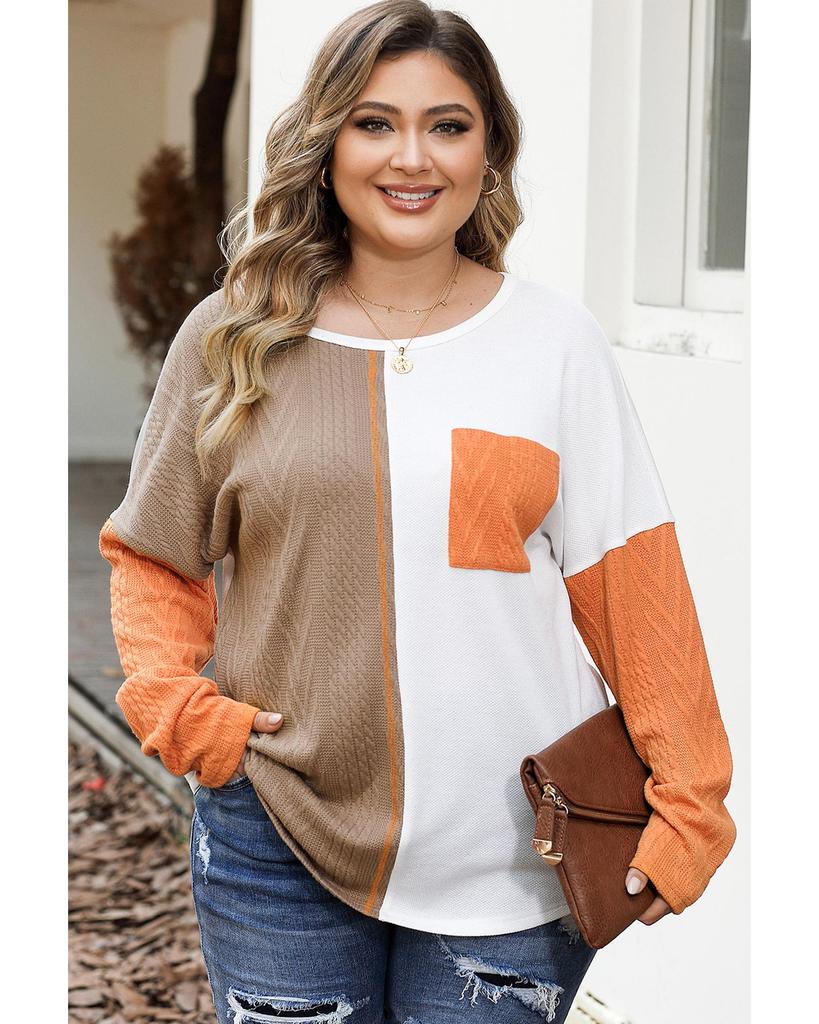 Azura Exchange Chestnut Plus Size Color Block Textured Patchwork Top with Pocket