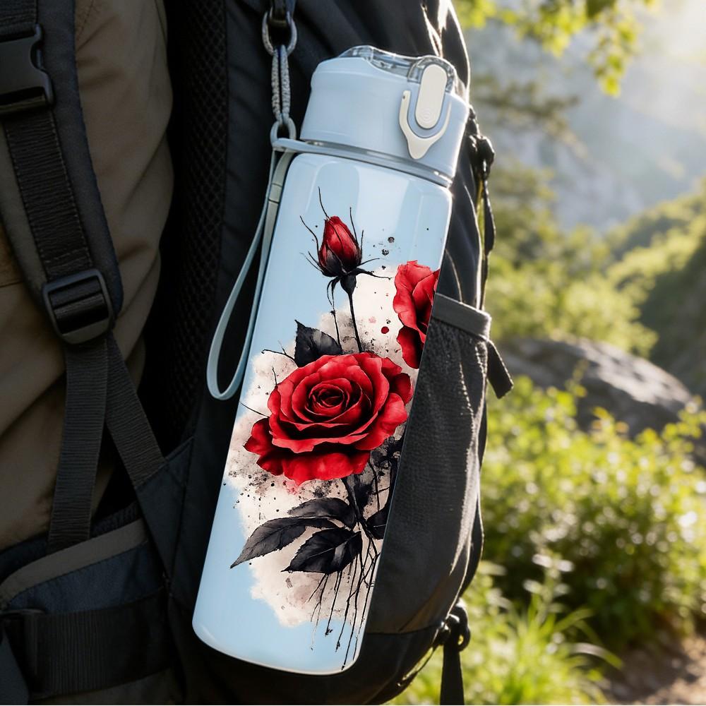 1PC Dark Red Rose Bouquet 750ml Color Plastic Sports Water Bottle Leakproof Flip Straw Lid Suitable for Sports Office Home Use