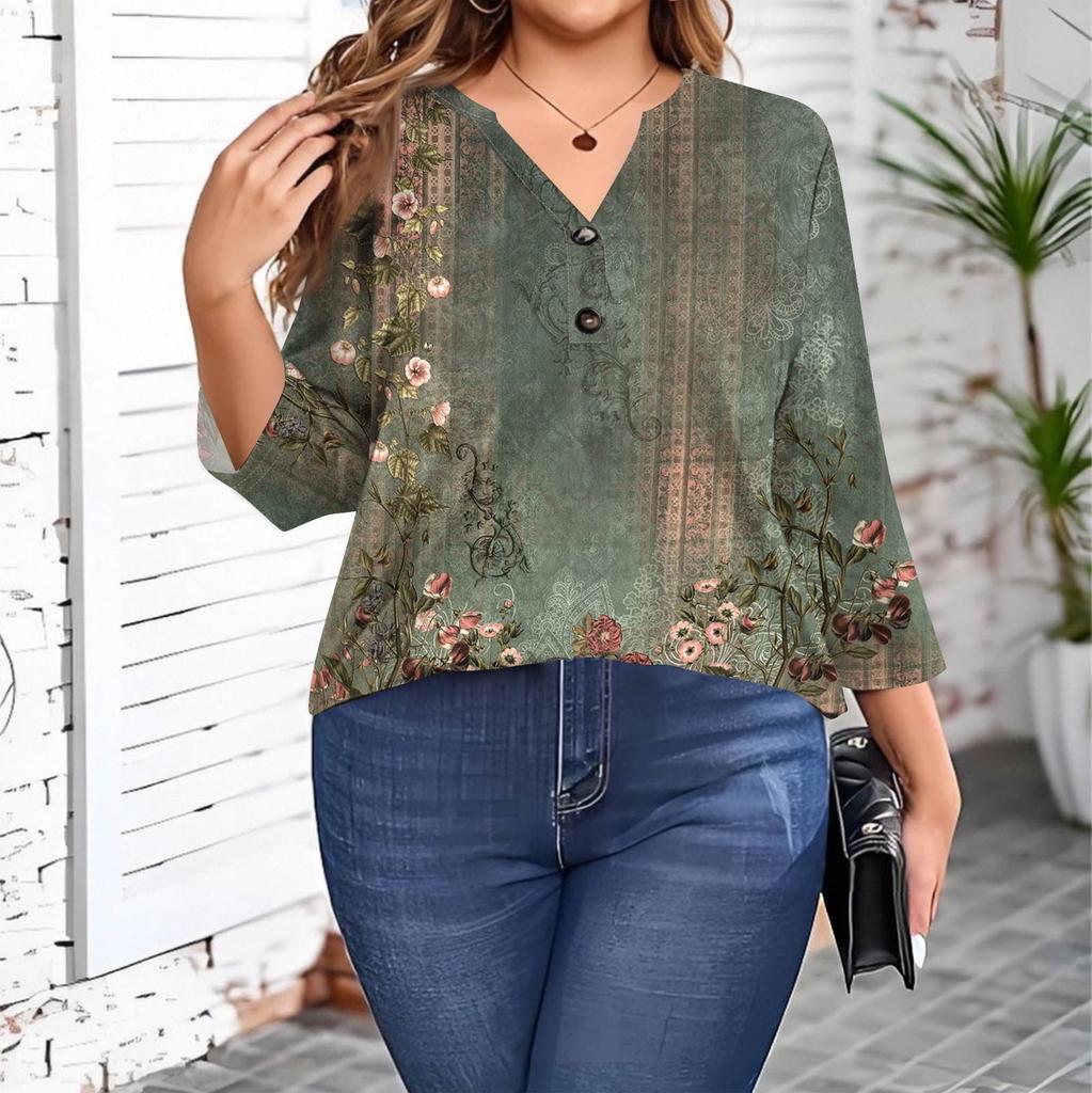 Plus Size Women's Fashion Casual Vintage Print V-Neck 3/4 Sleeve Button T-Shirt Top