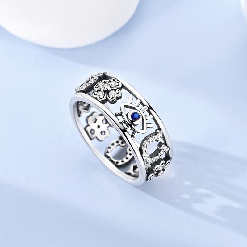 Original 925 Sterling Silver Zircon Four Clover Blue Eye Horseshoe Hollow-out Size 6-9 Ring For Women Silver Jewelry Gift