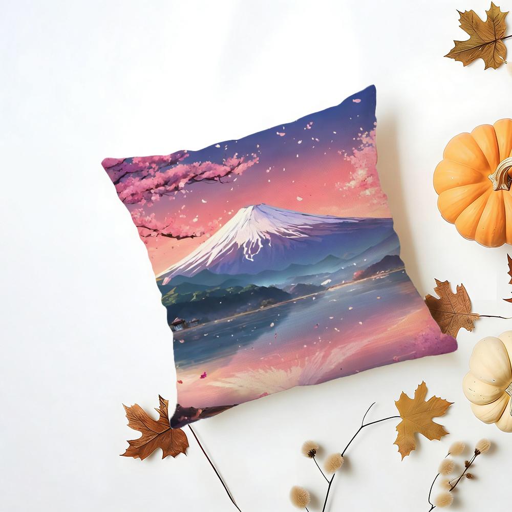 Japanese Cherry Blossom Fuji Mountain Sunset Cushion Cover Washable Linen Pillowcase Soft for Daily Sofa Bed Home Room Decor