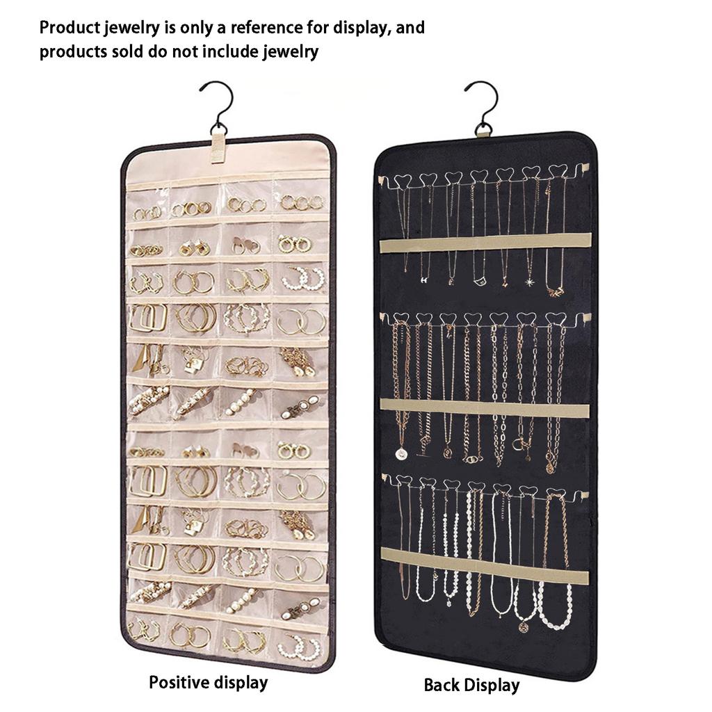 1 Pcs Hanging Jewelry Organizer Storage Roll With Hanger Metal Hooks Double-Sided Jewelry Holder For Earrings Necklaces Rings