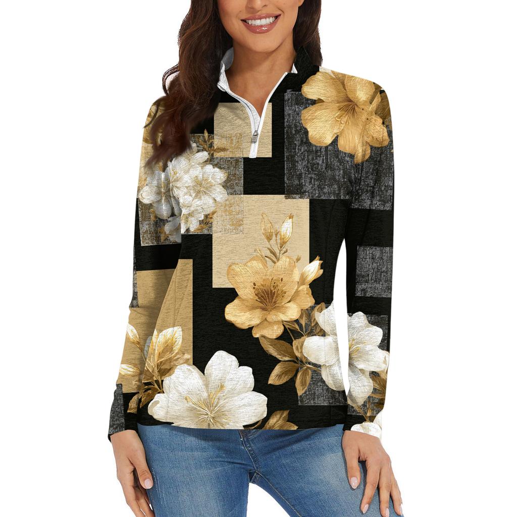 Women's Casual Fashion Retro Floral Print Long Sleeve Zipper Neck Top T-shirt