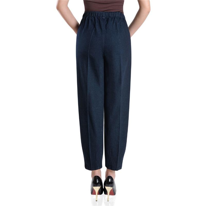 Брюки для людей среднего и пожилого возраста, большие размеры, вышитые джинсы, женские, с высокой талией, эластичные, свободные, джинсы-фонарики для женщин