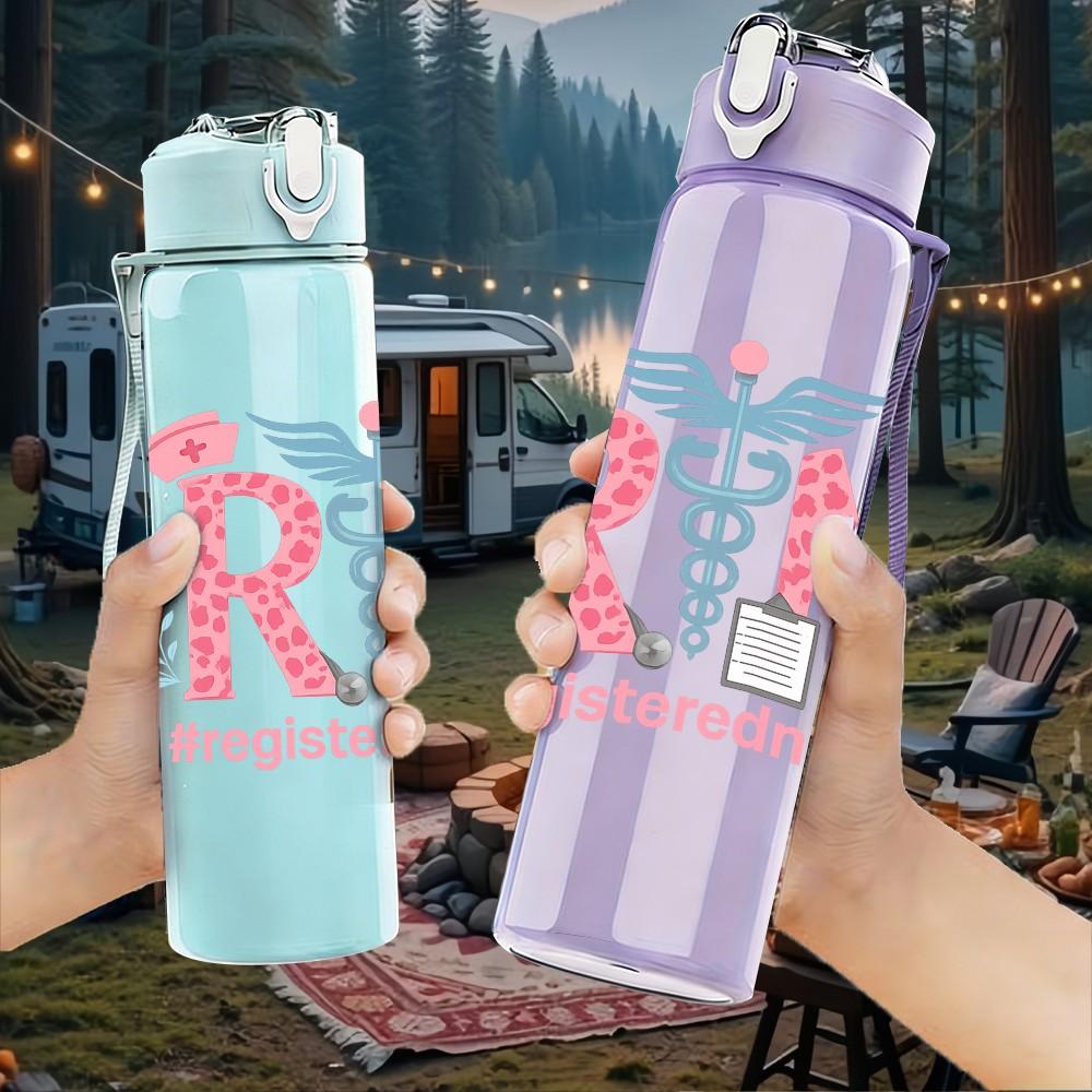 1PC RN Medical Symbol Pink Floral 750ml Color Plastic Sports Water Bottle Leakproof Flip Straw Lid Suitable for Sports Office Home Use