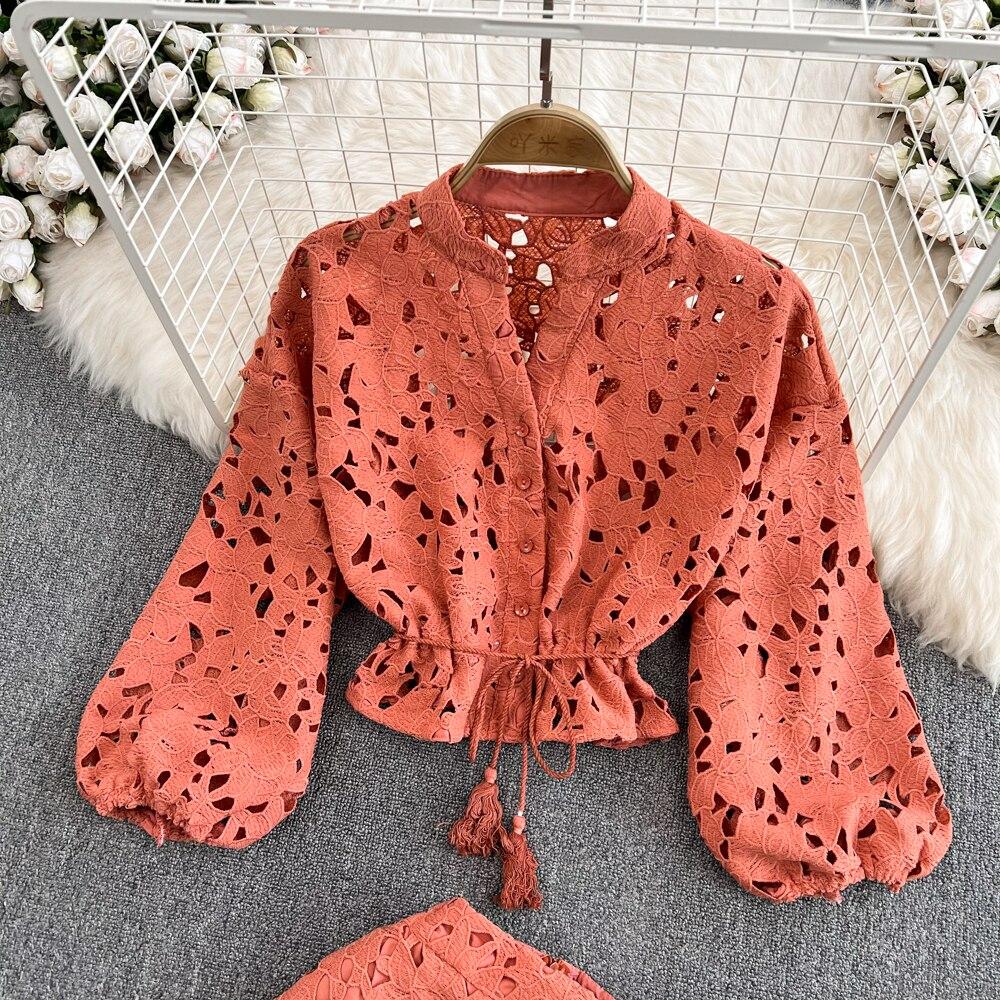 Короткая рубашка в стиле ретро с v-образным вырезом и полой вышивкой, рукавами-фонариками, женская цельная юбка трапециевидной формы с высокой талией, состоящая из двух частей