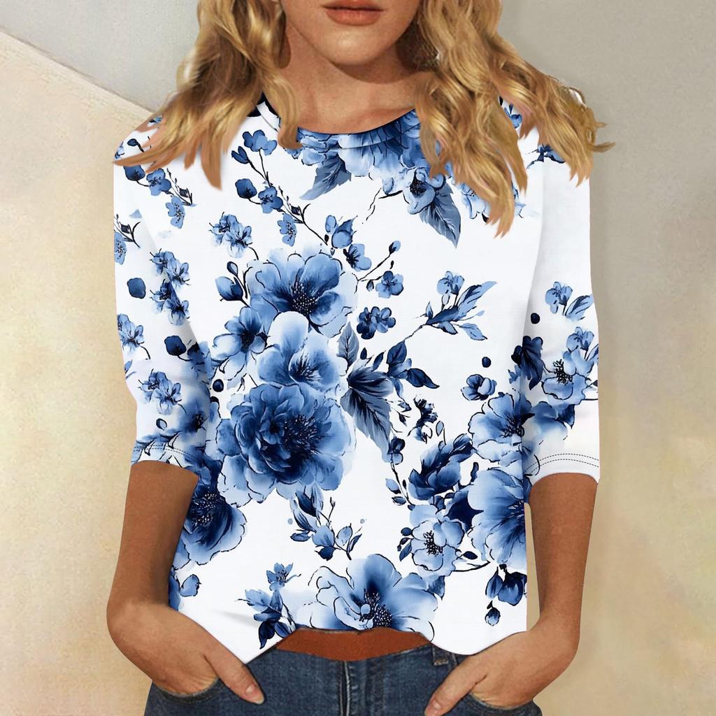 Женская мода повседневная три четверти рукава цветочный принт горловина топ