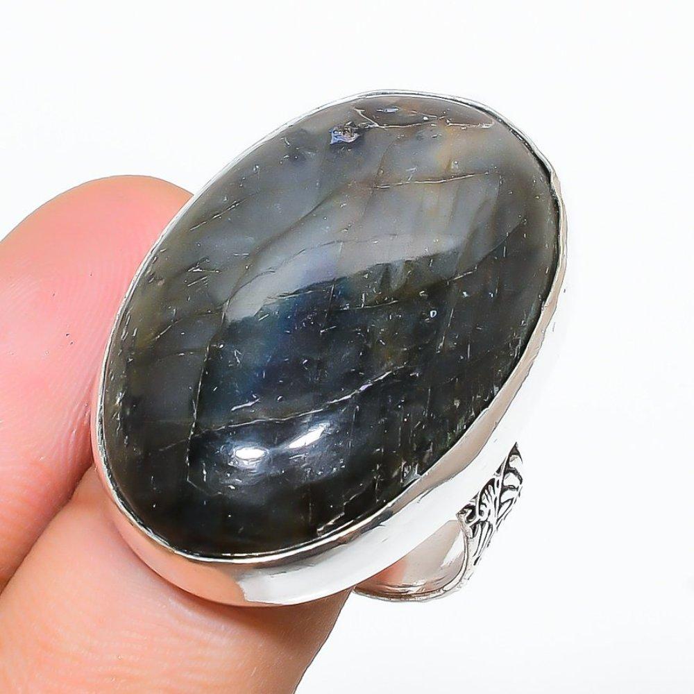 Лабрадорит Драгоценный камень Ручная работа Серебро 925 пробы Ювелирное кольцо Размер 6 K7h95