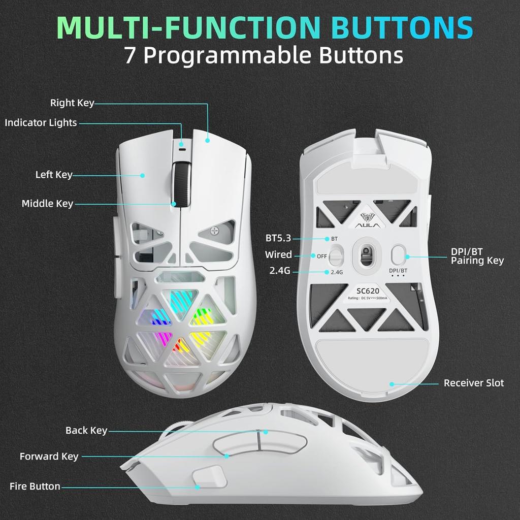 Aula Игровая мышь SC620 Проводная/Bluetooth/2.4G Легкая мышь для геймера PAW3311 Регулируемая 12 000 DPI Срок службы Аксессуары для ПК-игр