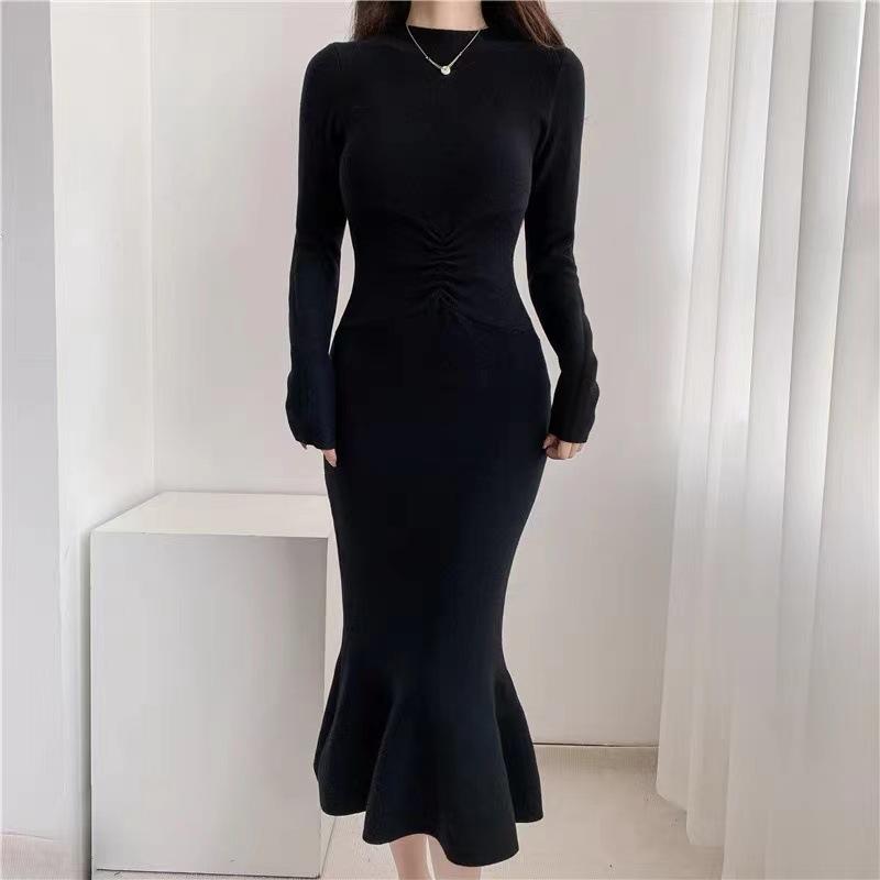 Women Knitting Mermaid Dress Autumn Winter Long Sleeve Half High Collar Solid Elegant Slim Vintage Pullover Sweater Dress