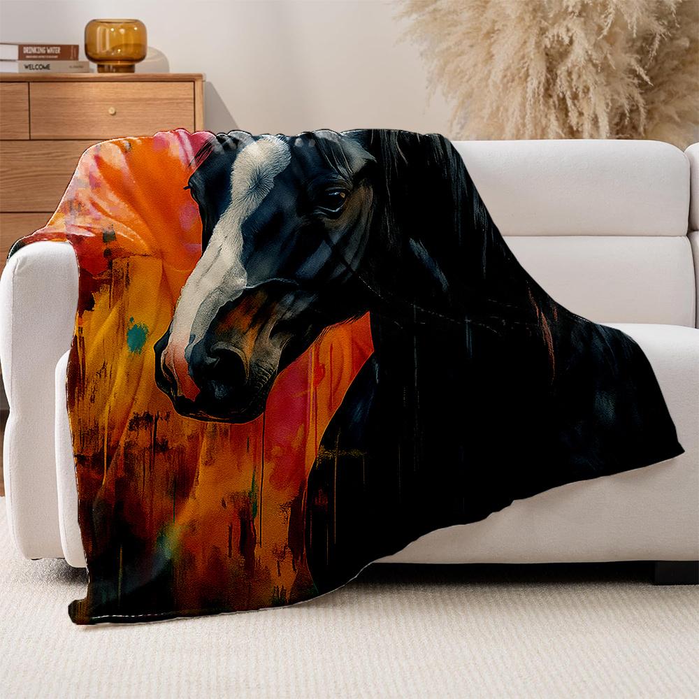 1pc Abstract Galloping Horse Print Fleece Blanket - Thick Plush All-Season Bedspread with Black White Gray Blue Green Orange