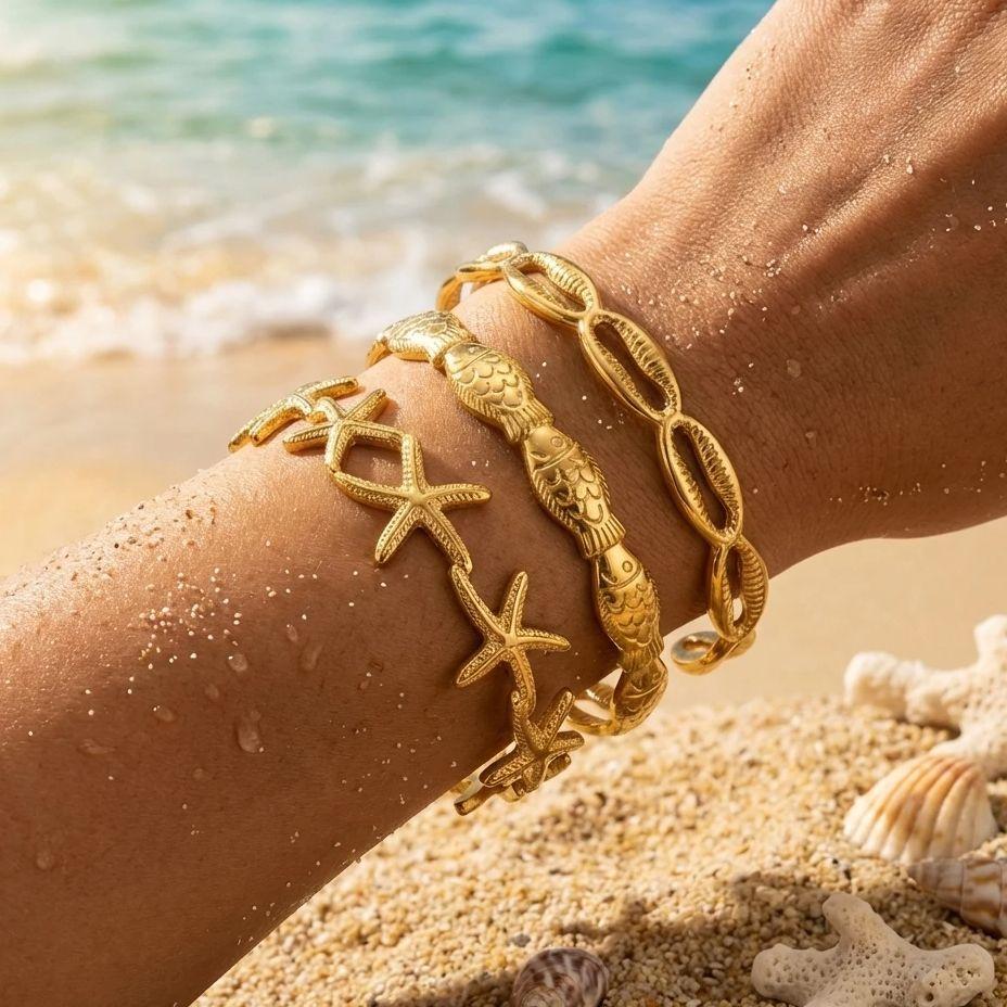 Stainless Steel Shell Starfish Bangles for Women Gold Color Metal Fish Cuff Bangle Bracelet Female Beach Party Aesthetic Zircon