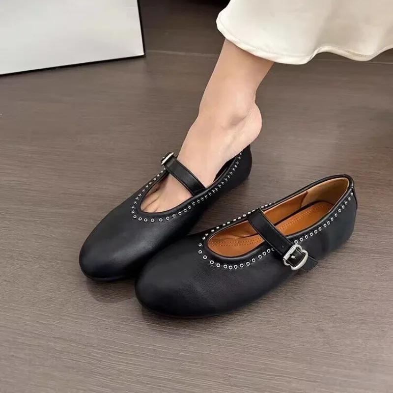 Модные классические туфли с круглым носком на осень 2024 года, новые модные женские туфли на плоской подошве с неглубоким носком, мягкие и удобные женские балетки