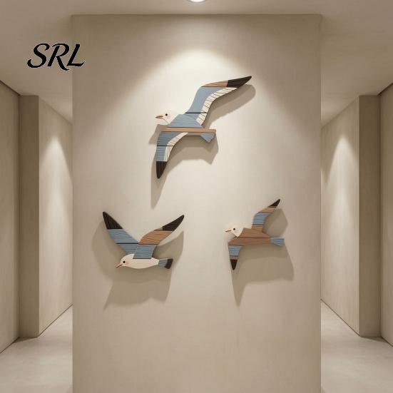 Entryway Decorative Pendants 3Pcs Wooden Pufferfish/Fish/Seagull/Swallow Wall Decor, Nautical Fish Art, Rustic Coastal Decoration, Artistic