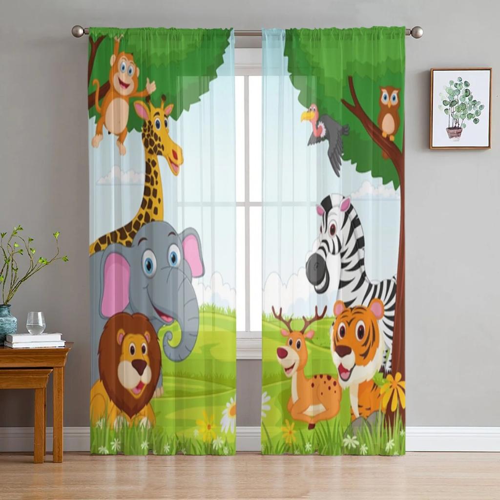 Прозрачные шторы с изображением джунглей, животных, льва, зебры для гостиной, детской спальни, тюлевые шторы, кухонные оконные панели, панели
