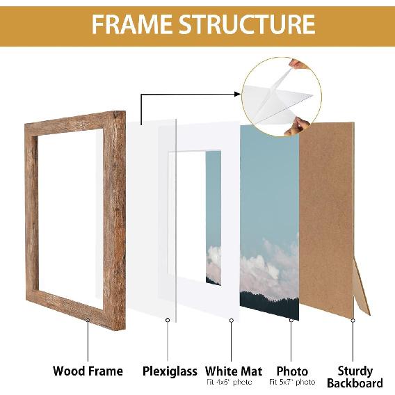 Рамка для фото Califortree 5x7 - Можно установить фото 4x6 с паспарту, Деревянная рамка с ударопрочным плексигласом, Горизонтальное и вертикальное размещение на стене и