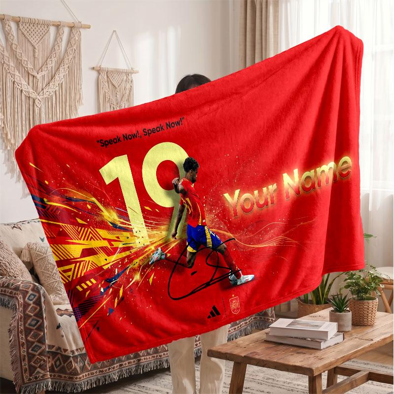 Lamine Yamal Personalized Fleece Blanket With Football Logo, Custom Name Text Soft Warm Home Throw Blanket
