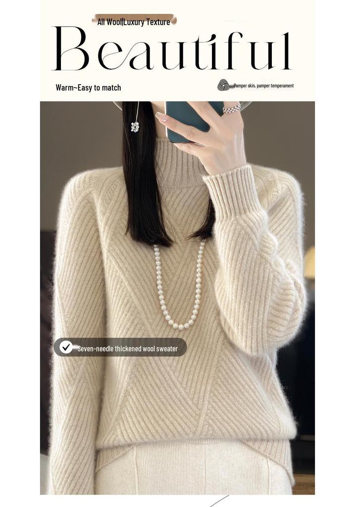 Women's Autumn/Winter Half-High Collar Knit Wool Sweater: Elegant, Loose-Fit Diamond Pullover